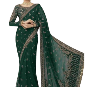 Sari de Seda Suave Banarasi Indio de Última Moda con Bordado de Encaje para la Temporada de Bodas, Hecho en Pakistán, Venta al por Mayor para Mujeres - Product Image 4