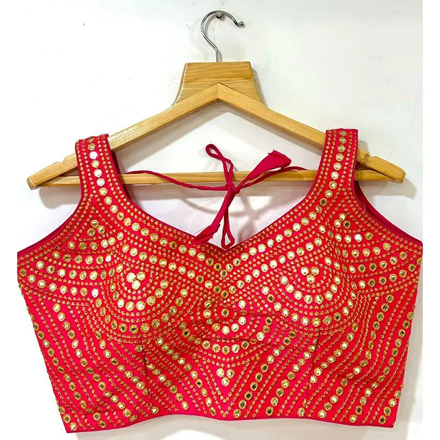 Women Designer Heavy silk Blouse has 9 mm foil mirror ,jari and thread work at Wholesale Price
