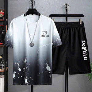 HT07 Ensemble d'été unisexe avec manches courtes col rond et motif éclaboussures de peinture conçu pour le style streetwear tendance et confortable - Product Image 4