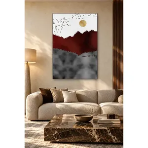 Impresión en lienzo de las montañas de Fida Burgundy con luna dorada y rebaño de pájaros - Product Image 1