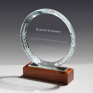 Crystal Award Stele with Wooden Base-Laser Engraved Glass <b>Plaque</b> 140x170mm Letters Theme for Tradeshow Giveaways - Product Image 1
