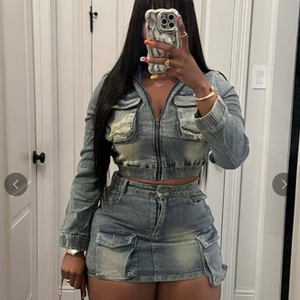 Ensembles 2 Pièces En Jean Patchwork Pour Femme 2025 Survêtements Vestes À Manches Longues Et Pantalons À Jambes Larges - Product Image 1