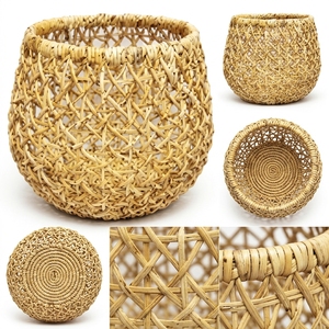 Panier rond en écorce de bananier tressé à la main, motif étoile ajouré, pour rangement, pot de fleurs ou décoration, design artistique pur - Product Image 2