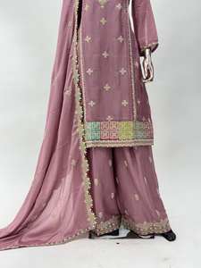 Chinon Silk Straight Cut <b>Kurta</b> Palazzo <b>Set</b> with Embroidery Work Indian & Pakistani Salwar Kameez Clothing <b>for</b> Party - Product Image 5