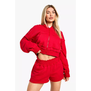 Vente chaude rouge 2 pièces femmes Reverse Loopback Boxy Crop Zip à travers Shorts survêtement ensemble à capuche et court ensemble de survêtement pour femmes - Product Image 5