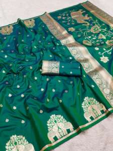 Trending <b>Women's</b> Pure Soft Banarsi Silk <b>Saree</b> with Blouse Unique Border Design Heavy Silk Fabric Made in India - Product Image 3