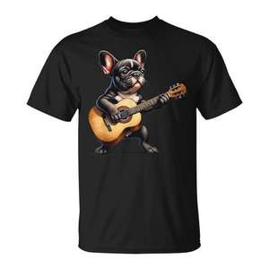 Camiseta elegante con estampado de Bulldog Francés tocando guitarra rock en la parte delantera - Product Image 1