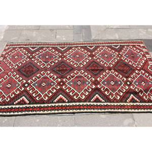 Alfombra de lana negra y roja Kilim de área grande, 3,7x7,1 pies, tejido plano turco, respaldo de látex, pila de felpa para habitación de pasillo, Alfombra de habitación modelo - Product Image 3