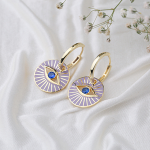 Pendientes de ojo de zafiro de esmalte púrpura, Pendientes colgantes de diseño, joyería de plata de ley 925 al por mayor turca - Product Image 1
