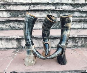 Vente chaude qualité d'exportation de Viking corne à boire shotglass Style médiéval véritable corne de boeuf ensemble avec support de corne - Product Image 1