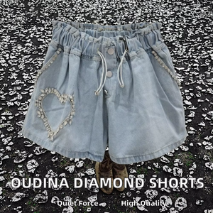 Pantalones vaqueros de cintura alta de verano para mujer personalizados al por mayor, pantalones cortos de mezclilla desteñidos sueltos informales con diamantes de imitación para uso diario, pantalones cortos con diamantes de imitación - Product Image 4