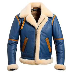 <b>Men's</b> Custom Grey Genuine <b>Sheepskin</b> Sherpa Collar Formal Aviator Pilot Spring Bomber Leather <b>Jacket</b> with Front Logo - Product Image 1