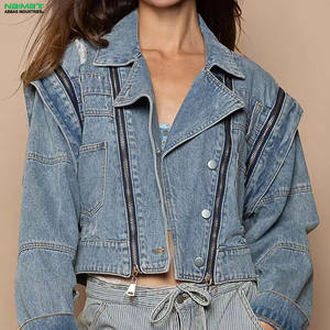 <b>Women</b> Blue Denim Jacket with Multiple Zipper Accents Cropped <b>Jean</b> Coat Moto Style Outerwear Fashion Ladies Long Sleeve Jacket - Product Image 1