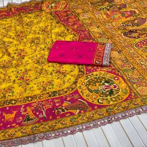 Saree de diseñador indio tradicional con acabado liso de seda suave de alta calidad con borde impreso pesado y bordado para fiesta de boda - Product Image 6