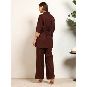 DEEBACO Conjunto de dos piezas para mujer, kurta informal de algodón liso marrón con pantalón con abertura hasta el tobillo y mangas largas - Product Image 4