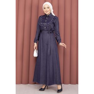 Robe en denim Tencel bleu marine avec col à volants, style chemise décontractée semi-boutonnée, manches courtes, plissée, pour l'été - Product Image 1