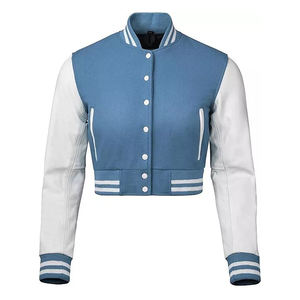 Chaqueta Varsity Azul de Lana Personalizada para Mujer, Estilo Urbano, Manga de Cuero Tejida, Estilo Hip Hop, Corta, Transpirable - Product Image 1