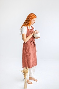 Traditional Women's Linen Full Bib <b>Kitchen</b> <b>Apron</b> Kit Terracotta with Pockets Organic and Natural Style - Product Image 3