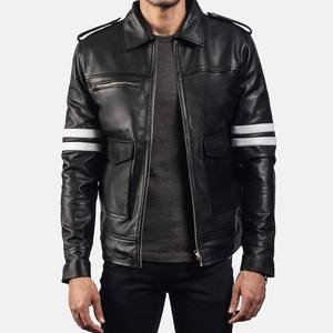 Men's Genuine Cowhide <b>Leather</b> Moto <b>Jacket</b> Turn-down Collar Zipper Closure Reflective Stripes Regular Fit Biker Style Autumn Wear - Product Image 6