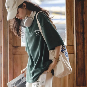 Maden Vintage revers collège à manches courtes polos pour femmes ample tricoté grande taille Golf Tee 2023 été décontracté coton T-shirt - Product Image 5