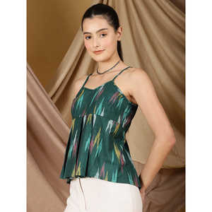 Haut à bretelles vert émeraude Boho avec imprimés Ikat plissés Detailing Flirty Peplum Hem Summer Breathable - Product Image 4