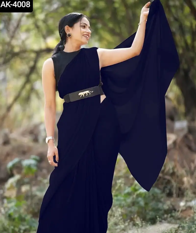 New Designer Fancy Crush Georgette Silk Saree and Banglory Silk Blouse Material with Stylish Sabyaaschi Black Belt Self Design