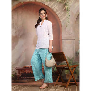 Pantalon palazzo évasé rose en coton pour femme, motif floral, taille haute/basse, respirant, décontracté et élégant - Product Image 2