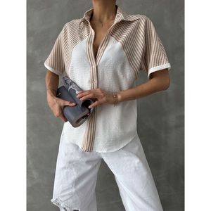 Topshow Stone Gray Striped Drop Shoulder <b>Linen</b> Blend Shirt for Women, Casual Cotton Polyester Blouse with Line Details - Product Image 4