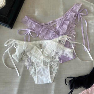 LG11 Romantic Pastel <b>Pink</b> Sheer <b>Lace</b> and Satin Ribbon Tie Womens Lingerie Panties with Ruffle Trim and Delicate Floral Detailing - Product Image 5