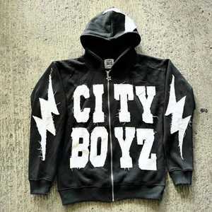 Nueva llegada de ropa de calle personalizada de gran tamaño de peso pesado con cremallera Sudadera con capucha recortada desgastada con patrón sólido para el invierno - Product Image 3