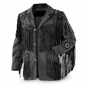 Veste d'hiver en daim gris à franges coupe-vent Hip Hop Western Style vintage Cowboy Veste de rodéo Tenue bohème Festival Vêtements d'extérieur Homme - Product Image 1