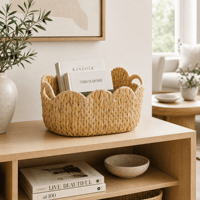 Panier de rangement ovale en jacinthe d'eau tressé à la main, écologique, multifonctionnel, avec bord festonné et deux poignées, style rustique campagnard, vente en gros
