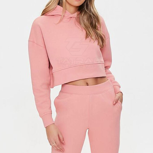 เสื้อครอปฮู้ดผู้หญิงสีพื้นคุณภาพสูงขายส่ง สตรีทแวร์ ระบายอากาศได้ดี น้ำหนักเบา ผ้าฝ้าย 100% - Product Image 1