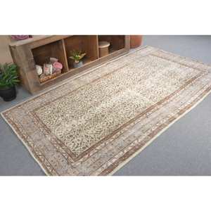 Vintage Turkish Rug Classic Brown Beige 4.8x8.8ft Patchwork Design Wool Material Latex Tabriz for Bedside Rectangle Hallway - Product Image 2