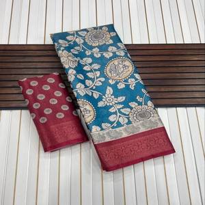 Sari de Seda Pura de Diseño Premium con Estampado Digital Kalamkari de Pavo Real, Tejido Jacquard con Hilo Zari, Hermoso Sari Azul - Product Image 1
