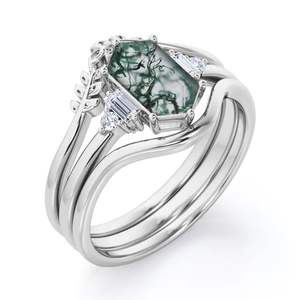 Bague de mariage trio hexagonal en argent sterling 0,8 carat pour femme, gravée feuille, avec agate mousse naturelle et moissanite, classique pour anniversaire et fête - Product Image 1
