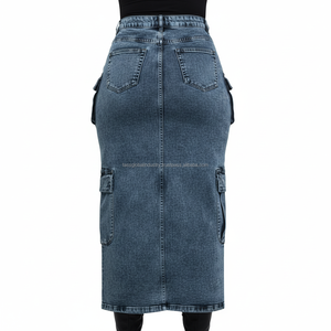 Nouvelle Tendance Jupe Longue Cargo en Jean Taille Haute Femme Streetwear Fente Avant Multi-Poches Maxi Jupe en Jean Vintage Bleu Délavé - Product Image 3