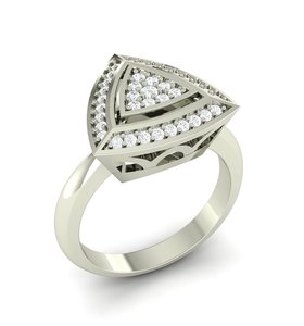 Bague en or 14 carats avec diamant naturel au design trillion géométrique moderne avec diamants ronds pavés dans un cadre triangulaire superposé - Product Image 2