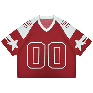 Suéteres personalizados de OEM y ODM para hombre, suéter de punto de manga corta, Jersey al por mayor de Jacquard con cuello en V, camiseta de fútbol americano de punto - Product Image 1