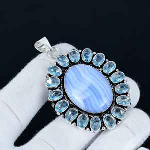 Pendentif en agate bleue et en aquamarine, pierre précieuse, argent sterling 925 massif, bijoux faits à la main, cristal bohème, haute qualité pour enfants - Product Image 6