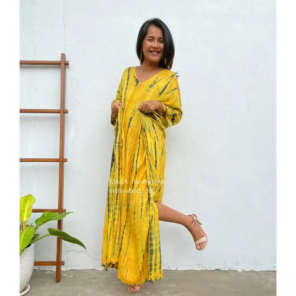 2022 New Wholesale sexy Yellow tie dye summer tie dye long kaftan beach wear cover up for women's beach long maxi dress