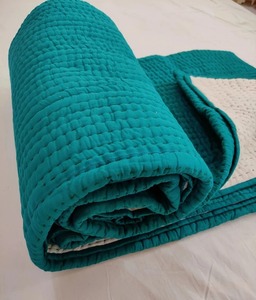 Plaid indien fait à la main 100% coton vert sarcelle, couverture de lit Kantha, plaid en coton, King Queen Twin - Product Image 6
