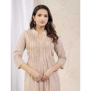 Kurti Recto Estampado en Color Crema Marrón, Vestido Indio Anarkali de Seda Georgette con Salwar Estilo Pakistaní para Fiestas Étnicas - Product Image 1