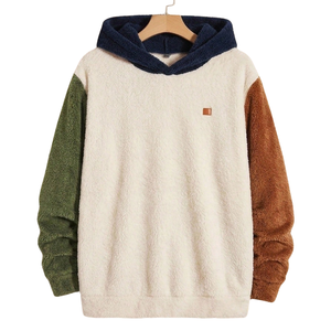 Mens <b>Sherpa</b> Fleece Knitted Hoodie Soft Plush Pullover Warm Winter Casual Hooded Sweatshirt Color Block Full Sleeve Pocket Cozy - Product Image 1
