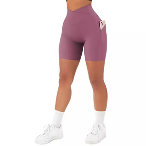 Pantalones cortos de gimnasio de cintura alta para mujer con opción de logotipo que absorbe la humedad, bolsillos elásticos suaves, pantalones cortos de yoga con botón de cinturón - Product Image 6