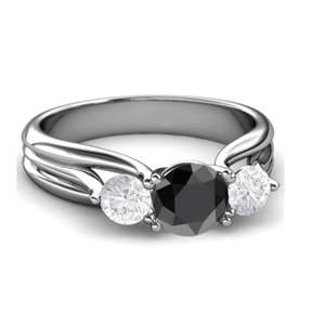 Bague de fiançailles en diamant noir et blanc à trois pierres rondes pour femme - Product Image 1