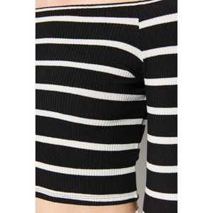 <b>Black</b> and <b>White</b> <b>Striped</b> Twill Fabric Crop <b>Top</b> with Square Collar Casual Short Length Front Logo Design - Product Image 5