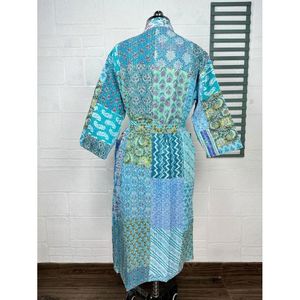 Chaqueta Reversible de Algodón Kantha para Mujer, Color Verde Pastel, Estilo Bohemio con Estampado de Mono, Kimono Tejido, Abrigo Largo - Product Image 6