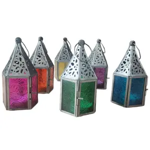 Dernière lanterne marocaine gravée à la main en métal doré avec verre bleu pour l'éclairage de l'hôtel Ramadan Lanterne suspendue à usage décoratif - Product Image 6