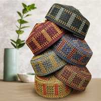 Topi Kufi Pria Bordir Tradisional Afghanistan Sindhi Premium Bahan Polyester Ringan untuk Sholat Muslim, Berbagai Ukuran